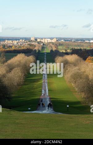 Blick auf den langen Spaziergang, der durch den Windsor Great Park zum Schloss Windsor führt, während die Menschen im Spätherbst oder November in Großbritannien spazieren gehen Stockfoto