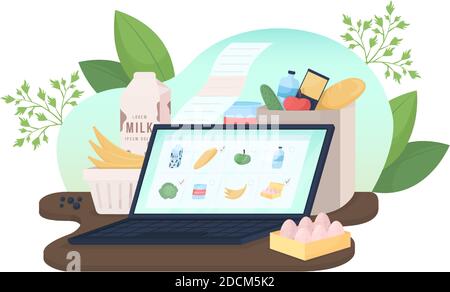 Laptop mit Online-Lebensmittel-Bestellung flach Konzept Vektor-Illustration Stock Vektor