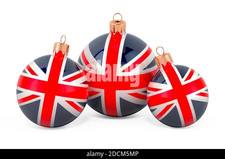 Weihnachtskugeln mit britischer Flagge, 3D-Rendering isoliert auf weißem Hintergrund Stockfoto