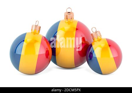 Weihnachtskugeln mit rumänischer Flagge, 3D-Rendering isoliert auf weißem Hintergrund Stockfoto