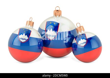 Weihnachtskugeln mit slowenischer Flagge, 3D-Rendering isoliert auf weißem Hintergrund Stockfoto