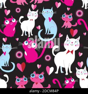 Lustige nahtlose helle festliche Muster der Liebhaber von Katzen. Vorlage für Wallpaper oder Stoff für Valentinstag. Stock Vektor