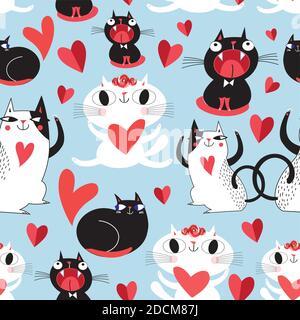 Lustige nahtlose helle festliche Muster der Liebhaber von Katzen. Vorlage für Wallpaper oder Stoff für Valentinstag. Stock Vektor