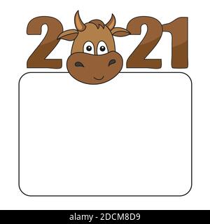Cartoon 2021 Stier mit einem weißen Blatt für die Werbung. Einfache Vektordarstellung. Weiß leer, Tafel mit leerer Stelle für Ihren Text. Niedliches Tier Stock Vektor