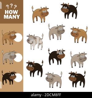 Kinder zählen Spiel der Cartoon-Stiere. Lernkollektion für Kinder. Zählen Sie, wie viele Elemente und schreiben Sie das Ergebnis. Arbeitsblattaktivität im Vorschulbereich. Stock Vektor