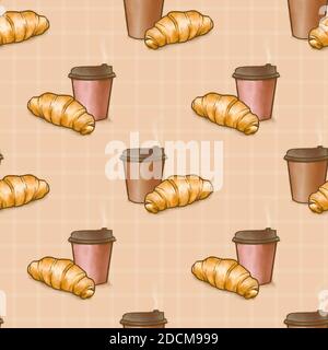 Die digitale Malerei von Französisch Croissant Brot Bäckerei und Kaffee Papierbecher auf braunem Hintergrund nahtlose Muster Raster Illustration für Tapete Deko Stockfoto