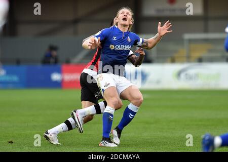 EXETER, ENGLAND. 21. NOVEMBER Oldham Athletic Carl Piergianni während des Sky Bet League 2-Spiels zwischen Exeter City und Oldham Athletic im St James' Park, Exeter am Samstag, 21. November 2020. (Kredit: Eddie Garvey, Mi News) Kredit: MI Nachrichten & Sport /Alamy Live Nachrichten Stockfoto