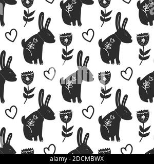 Nahtloses Vintage-Muster mit handgezeichneten Hasenabbildungen. Osterhintergrund. Mit Tinte handgezeichneter Hase Stockfoto