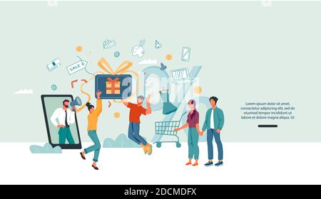 Online-Shopping-Promotion, Rabatte und Empfehlungsprogramm Web-Banner flache Vektor. Stock Vektor