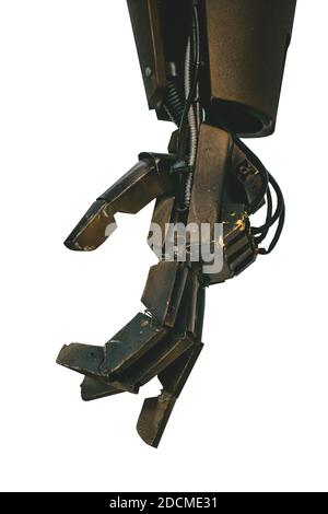 Roboterhand auf weißem Hintergrund isoliert. Technologie und das Konzept der Zukunft der Menschheit. Bionische menschliche künstliche Intelligenz Stockfoto