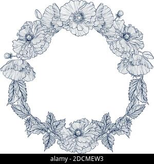 Vector Vintage runden Rahmen mit Blumen Mohnblumen. Abbildung isoliert auf weißem Hintergrund. Vorlage für Hochzeit und Geburtstagskarte, Einladung, Grüße. Stock Vektor