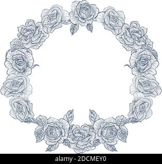 Vector Vintage runden Rahmen mit Blumen Rosen. Abbildung isoliert auf weißem Hintergrund. Vorlage für Hochzeit und Geburtstagskarte, Einladung, Grüße. Stock Vektor