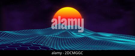 80er Jahre Hintergrund Retro Landschaft. Futuristischer Neon-Stil der 80er Jahre. Cyber-Oberfläche. Party-Hintergrund. Retro 80er Jahre Mode Sci-Fi Sommer Landschaft Hintergrund. Stock Vektor