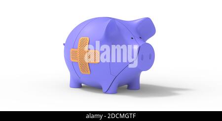 Finanzhilfe der Banken. Gebrochene Sparschwein mit einem Patch isoliert auf weißem Hintergrund. Verletzte Wirtschaft Pflege mit Verband, Liquiditätskonzept. 3d-Illustration Stockfoto