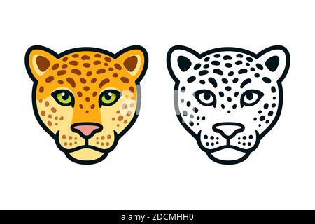 Cartoon jaguar oder Leoparden Kopf, Farbe und schwarz und weiß. Wild große Katze Gesicht Symbol, Maskottchen oder Logo-Design. Isolierte Vektordarstellung. Stock Vektor