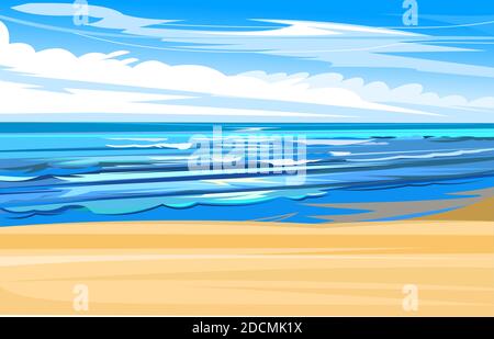 Am Meer. Tidalbohrung. Gelber Küstensand. Schäumende Wellen des Meeres. Skyline mit Wolken und blauem Himmel. Flacher Style. Wasserlandschaft. Stock Vektor