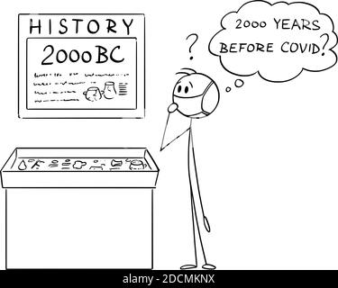 Vektor-Cartoon-Stick Figur Abbildung des Mannes mit Schutzmaske beobachten Museum Exposition und Denken, wenn BC vor covid.Concept covid-19 oder Coronavirus bedeuten. Stock Vektor