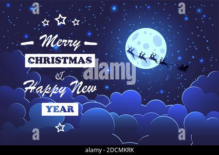 Frohe Weihnachten und ein glückliches neues Jahr Grußkarte. Der Weihnachtsmann im Schlitten mit Rentieren fliegt am Himmel über den Wolken neben dem Großmond. Stock Vektor
