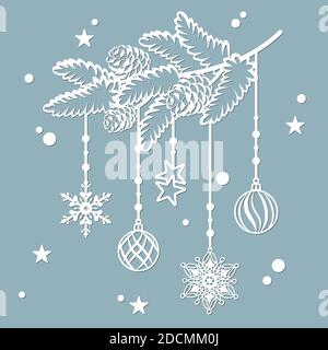 Nadelzweige und Luftballons, Schneeflocken, Sterne aus Papier. Weihnachtsbaum Zweige Silhouette. Fichtendekor. Schablone zum Laserschneiden an Stock Vektor