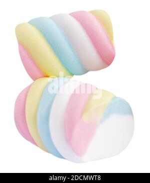 Marshmallow Süßigkeiten isoliert auf weißem Hintergrund. Nahaufnahme von Regenbogenfarben Marshmallows Kaufreuden aus nächster Nähe Stockfoto