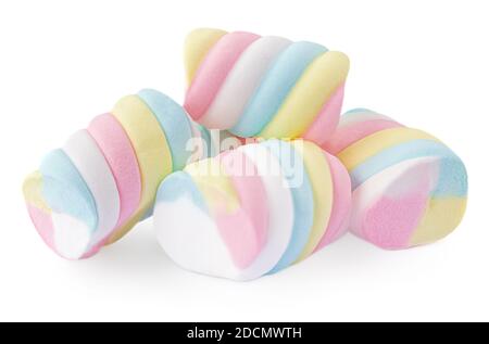 Marshmallow Süßigkeiten isoliert auf weißem Hintergrund. Nahaufnahme von Regenbogenfarben Marshmallows Kaufreuden aus nächster Nähe Stockfoto