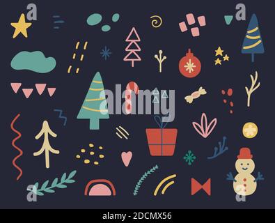 Weihnachtliche Designelemente Set. Banner zur Feier. Einzigartige handgezeichnete Holiday Kollektion für Grußkarten. Party-Deko im Winter. Abdeckung sozialer Medien Stock Vektor