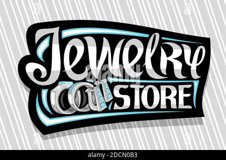 Vektor-Logo für Jewellery Store, dekoratives Schild mit Illustration von Set Platinringen mit blauem Edelstein und Saphirohrringen mit englis Stock Vektor
