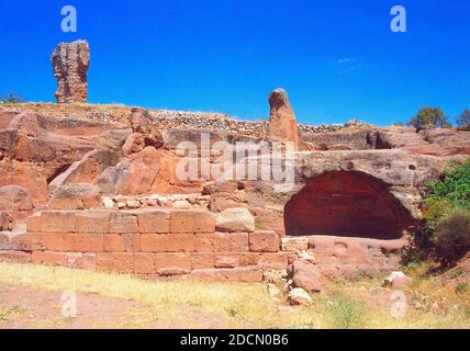 Ruinen des Amphitheaters. Tiermes, Provinz Soria, Castilla Leon, Spanien. Stockfoto