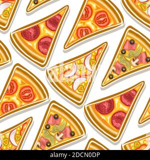 Vektor Pizza Nahtloses Muster, quadratische Wiederholung Pizza Hintergrund, Gruppe von ausgeschnittenen Illustrationen flach legen Dreieck Pizza Scheiben von verschiedenen Arten auf w Stock Vektor