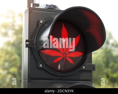 Cannabisblatt an der roten Ampel. Cannabis und Marihuana Verbot Konzept. 3d-Illustration Stockfoto
