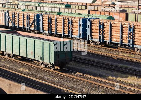 Autos mit Holz beladen. Transport von Holz mit der Bahn Stockfoto