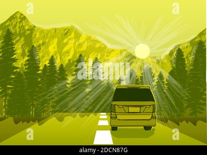 Fahren Sie mit dem Auto. Auto auf der Straße mit Blick auf die Berge Stock Vektor