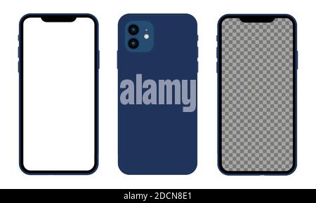 Neue moderne Smartphone 12 Blau. Smartphone. Touchscreen. Welt-Technologie. Telefon 12, 12 Mini Mockup Bildschirm Vorlage. Vektor. Stock Vektor
