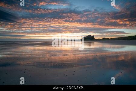 Das Ende eines lebhaften Sonnenaufgangs über der imposanten Form von Bamburgh Castle an einem frühen Novembermorgen mit Sonnenuntergang entlang der Küste. Stockfoto