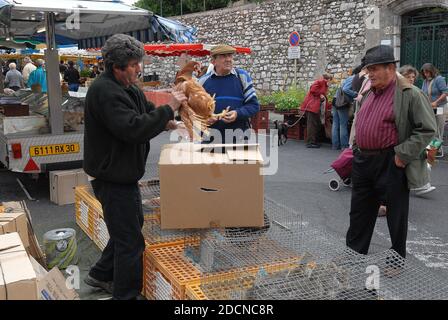 Mann im Verkauf Live-Hühnermarkt Frankreich 2007 Stockfoto