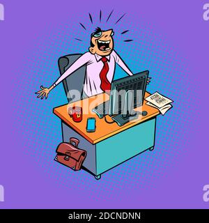 Glücklicher männlicher Geschäftsmann arbeitet an einem Büroarbeitsplatz bei einem Computer Stock Vektor