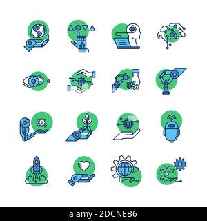 Robotik und künstliche Intelligenz ist eine große Sammlung von farbigen linearen Icons isoliert auf einem weißen Hintergrund. EPS 10. Stock Vektor