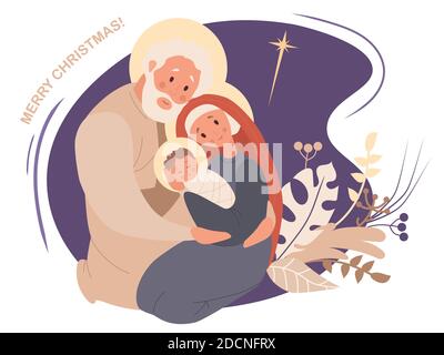 Frohe Weihnachten. Jungfrau Maria und Joseph und Baby Jesus Christus. Die Geburt des Erlösers, der Heiligen Familie und des Sterns von Bethlehem auf einem violetten Hintergrund w Stock Vektor