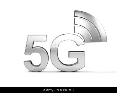 5g Chromschild isoliert. 3d-Rendering-Illustration Stockfoto