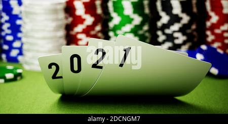 2021 Casino-Karten mit Chips Hintergrund spielen. 3d-Rendering-Illustration Stockfoto