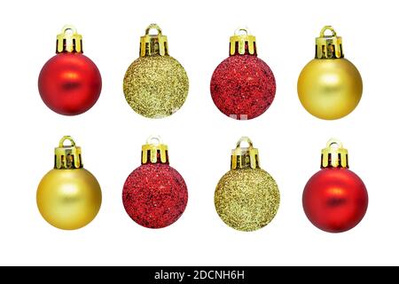 Rot golden bunte Weihnachtsbaum Dekoration Kugeln auf isoliert gesetzt Weißer Hintergrund Stockfoto
