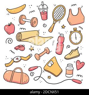 Handgezeichnetes Fitness-Set, Fitnessgeräte, Lifestyle-Konzept für Aktivitäten. Doodle-Skizzenstil. Sportelement mit digitalem Pinselstift gezeichnet. Abbildung für Symbol, Rahmen, Hintergrund. Stock Vektor