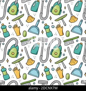 Hand gezeichnet nahtlose Muster von Reinigungsgeräten, Schwamm, Vakuum, Spray, Besen, Eimer. Doodle-Skizzenstil. Reinigen Sie das Element, das mit einem digitalen Bürstenstift gezeichnet wurde. Illustration für Hintergrund, Hintergrundbild, Banner. Stock Vektor