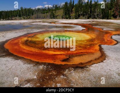 Farbenfroher Chromatic Pool Im Upper Geyser Basin Yellowstone National Park An EINEM sonnigen Sommertag mit KLAREM blauen Himmel Und EIN paar Wolken Stockfoto