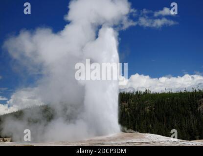 Ausbruch Des Old Faithful Geyser Im Upper Geyser Basin Yellowstone Nationalpark an EINEM sonnigen Sommertag mit EINEM Klarer blauer Himmel und EIN paar Wolken Stockfoto