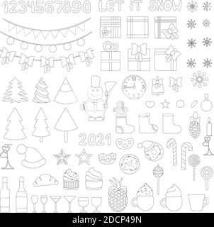 Weihnachten Symbole dünne Linie gesetzt. Einfache Stil Farbe Vektor-Symbole isoliert auf weiß. Es gibt Baum, Kuchen, Schneeflocke, Alkohol, Glas, Geschenk, Uhr, s Stock Vektor