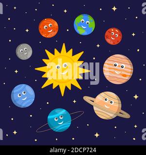 Solaranlage für Kinder. Nette Sonne und Planeten Charaktere im Cartoon-Stil auf dunklen Raum Hintergrund. Vektor-Illustration für Kindergarten und schulwissenschaftliche Bildung. Stock Vektor