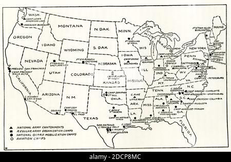 Militärische Einrichtung in den Vereinigten Staaten. Legende: Schwarzes Dreieck: Kantone der Nationalarmee; Schwarzes Quadrat: Lager der regulären Armeeorganisation; Schwarzer Kreis: Mobilisierungslager der Nationalgarde; Kreis: Fluglager Stockfoto