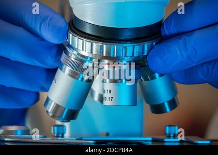 Hände des Wissenschaftlers, der Mikroskop im Labor justiert. Stockfoto