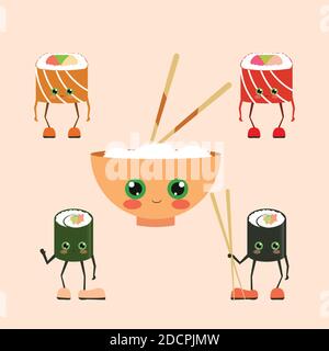 Lustige Sushi-Figuren. Lustiges Sushi mit niedlichen Gesichtern. Sushi-Rolle und Sashimi-Set. Fröhliche Sushi-Figuren. Asiatische Lebensmittel, Vektor-Illustration isoliert auf w Stock Vektor